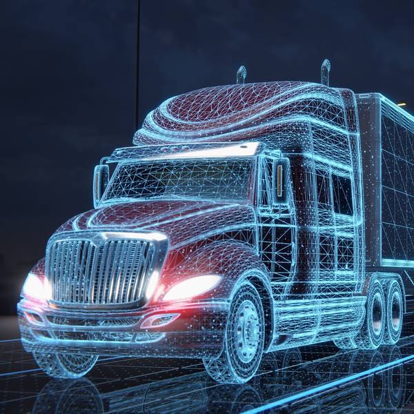 A blue digital outline of a semi-truck on a road.