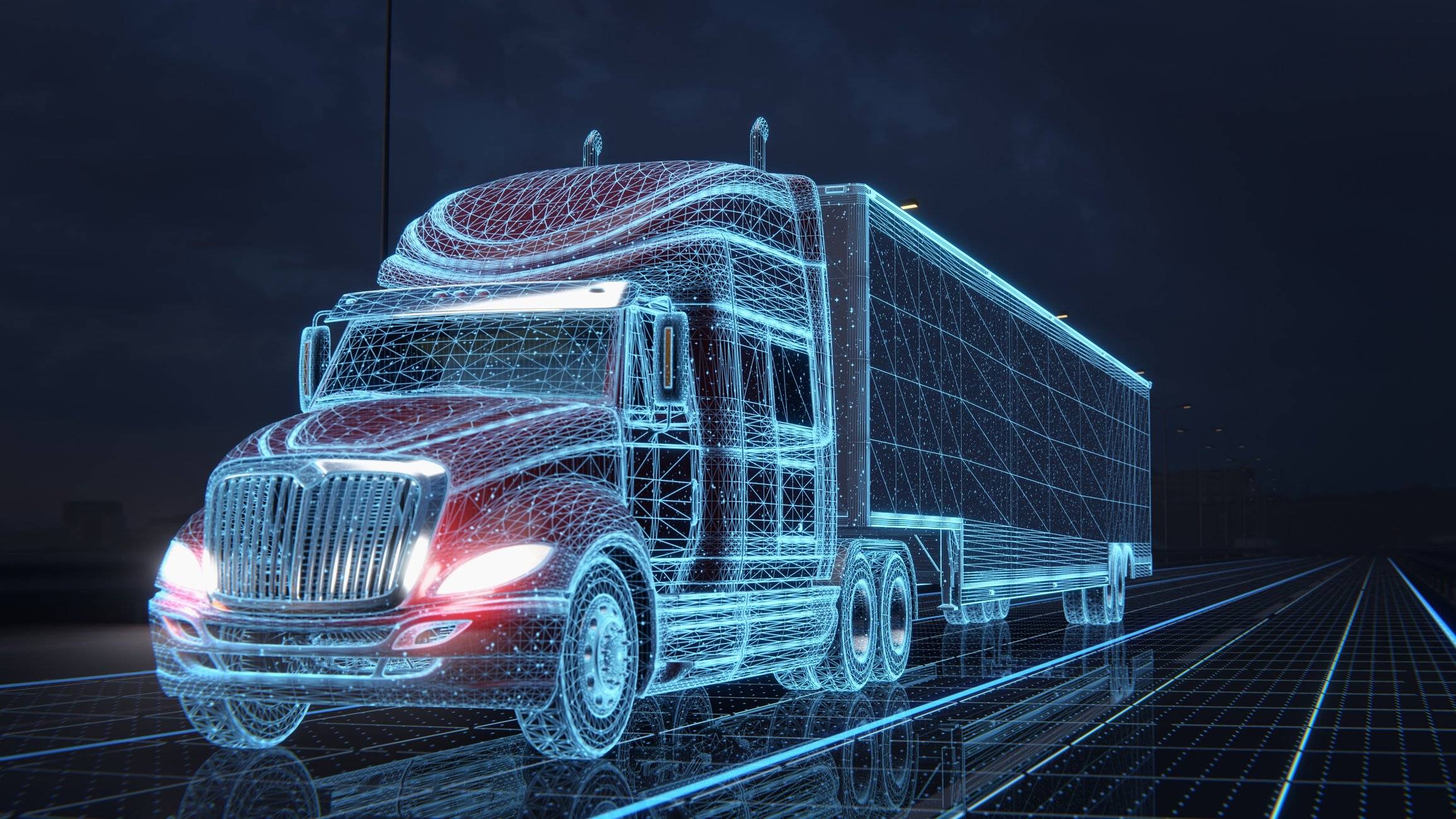 A blue digital outline of a semi-truck on a road.