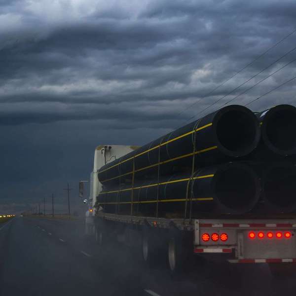 A flatbed semi-truck carrying pipes drives under a stormy sky.