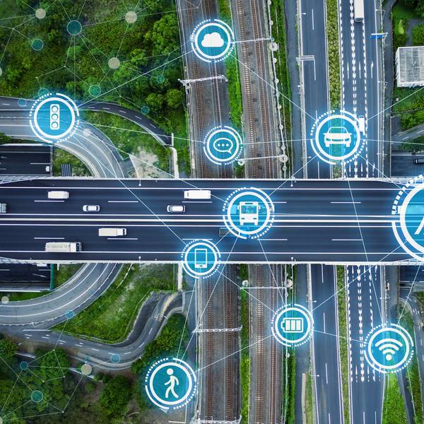 A graphic showing roads and transportation icons from above.