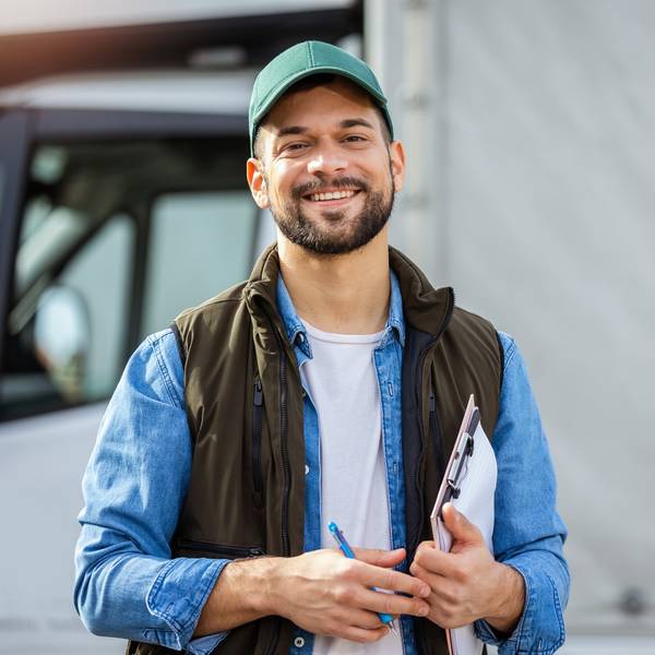 A happy male trucker stands in front of his white truck.