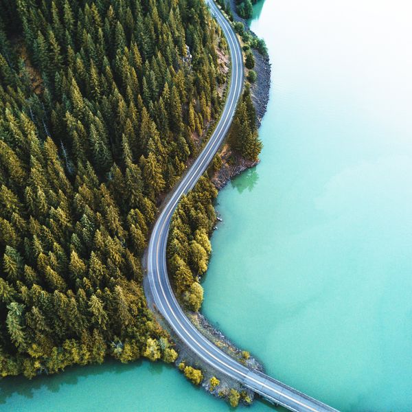 A long road winds over blue water and through a forest of green pine trees.