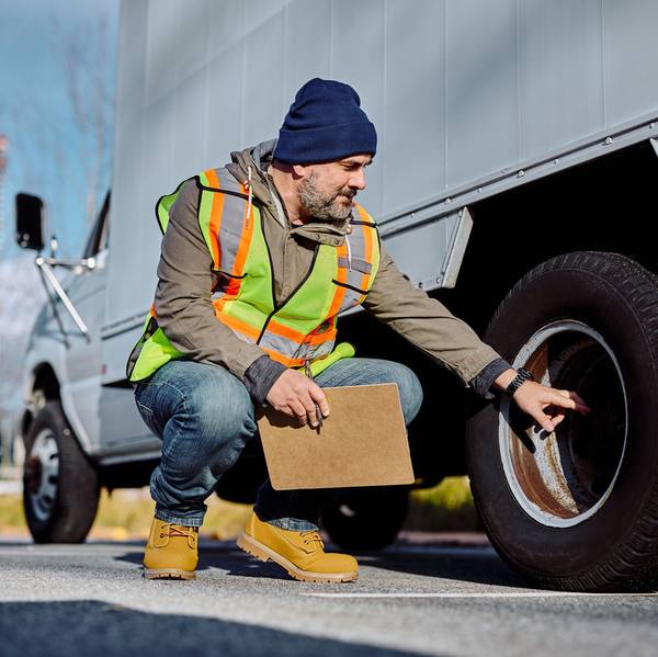 A man holding a clipboard squats down to check a box truck tire.