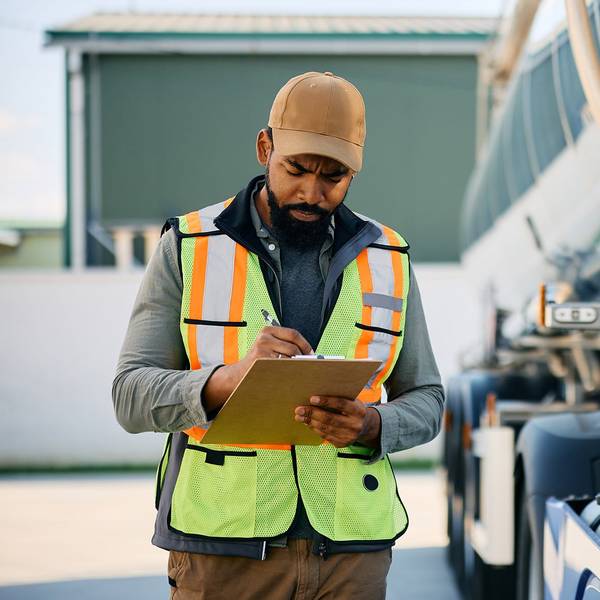 A man walks next to a semi-truck holding a clipboard and pen.