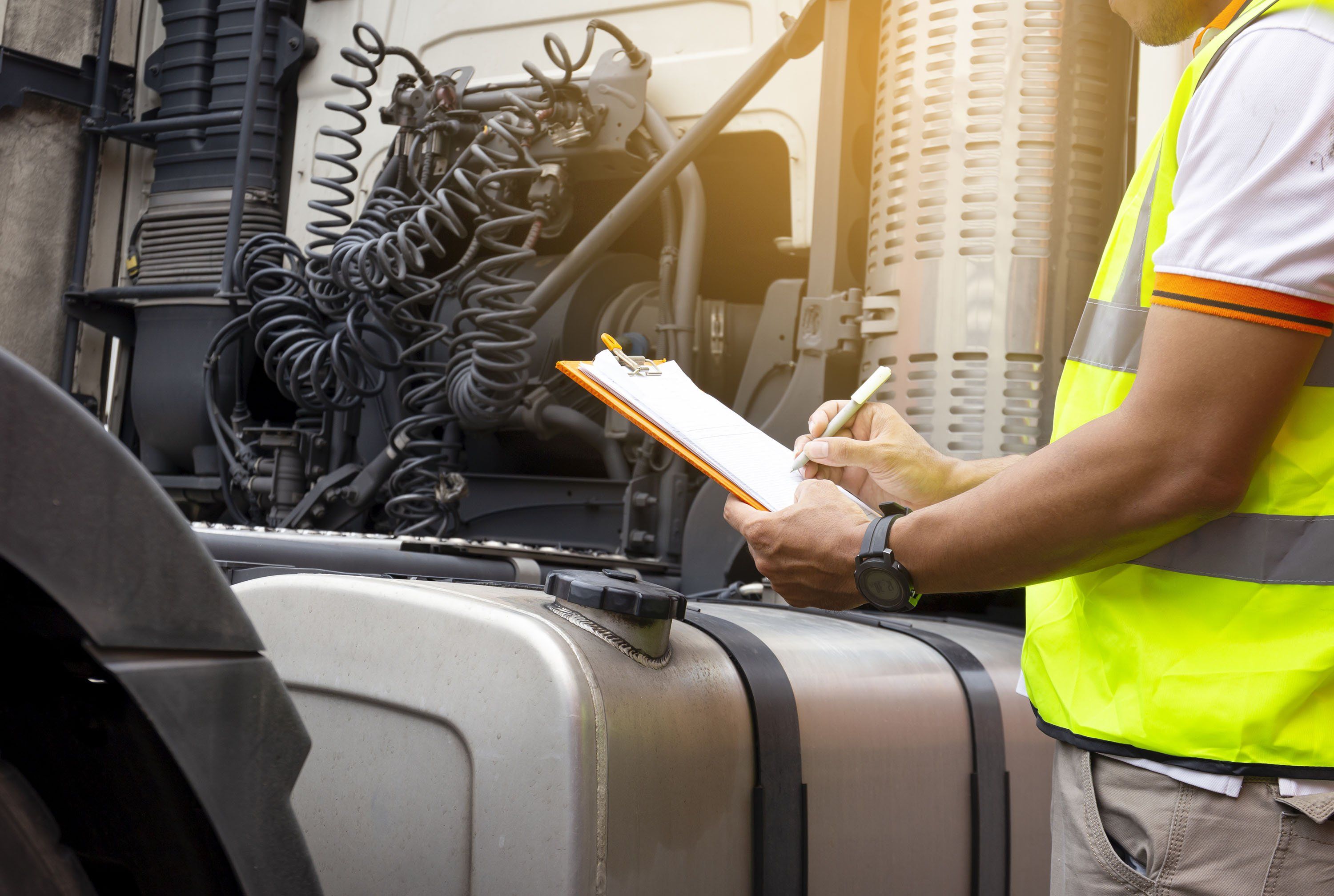 A partial view of a man making notes with a pen on a clipboard while standing in front of a semi-truck.