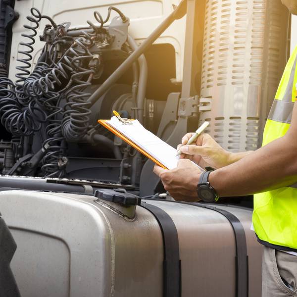 A partial view of a man making notes with a pen on a clipboard while standing in front of a semi-truck.