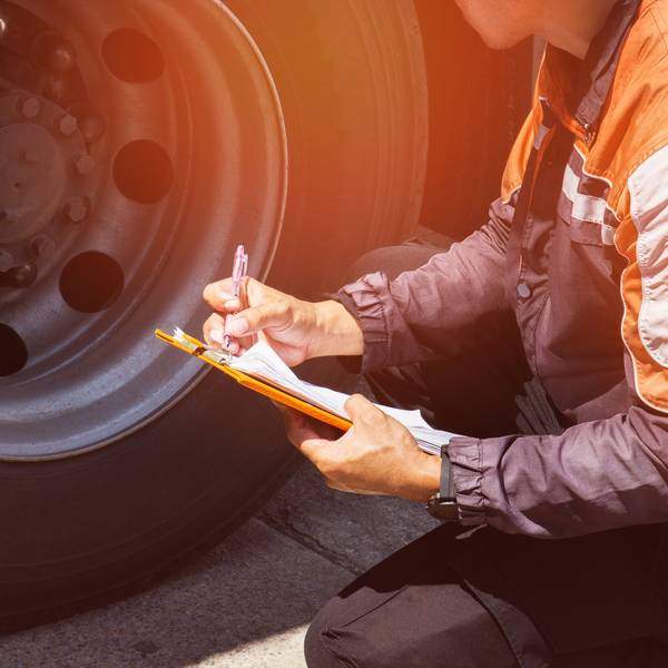 A truck driver does an inspection on his truck and fills out his DVIR.