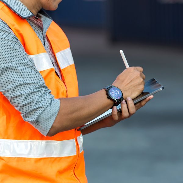 A truck inspector writes down notes.