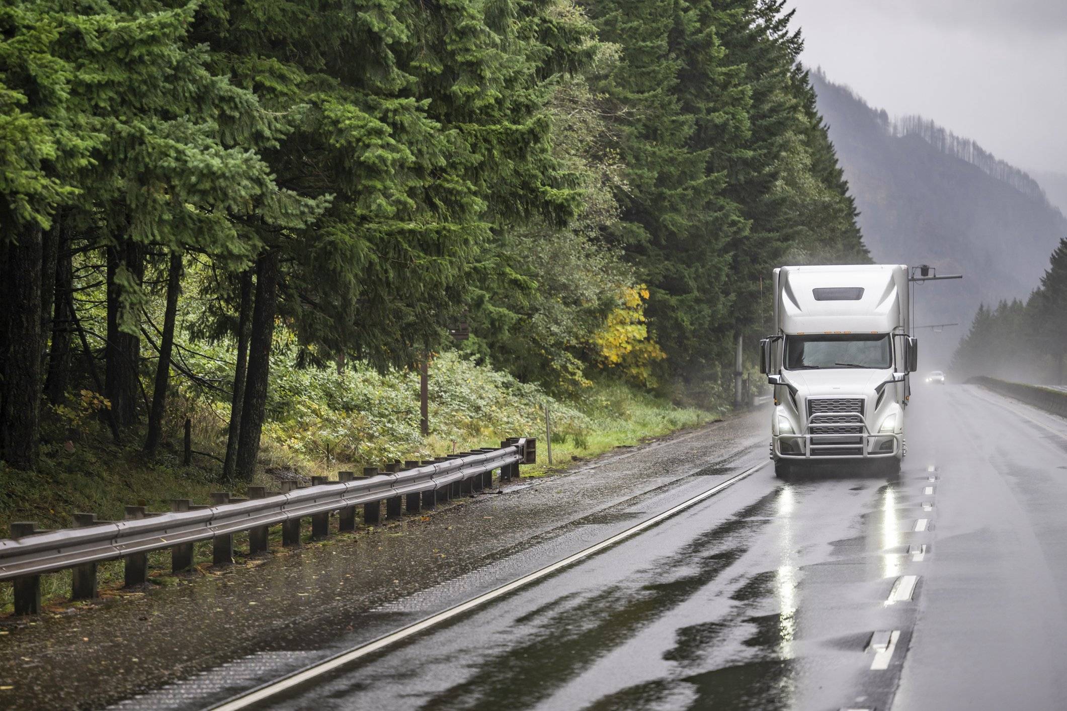 A white semi truck drives on a rainy road surrounded by green trees.