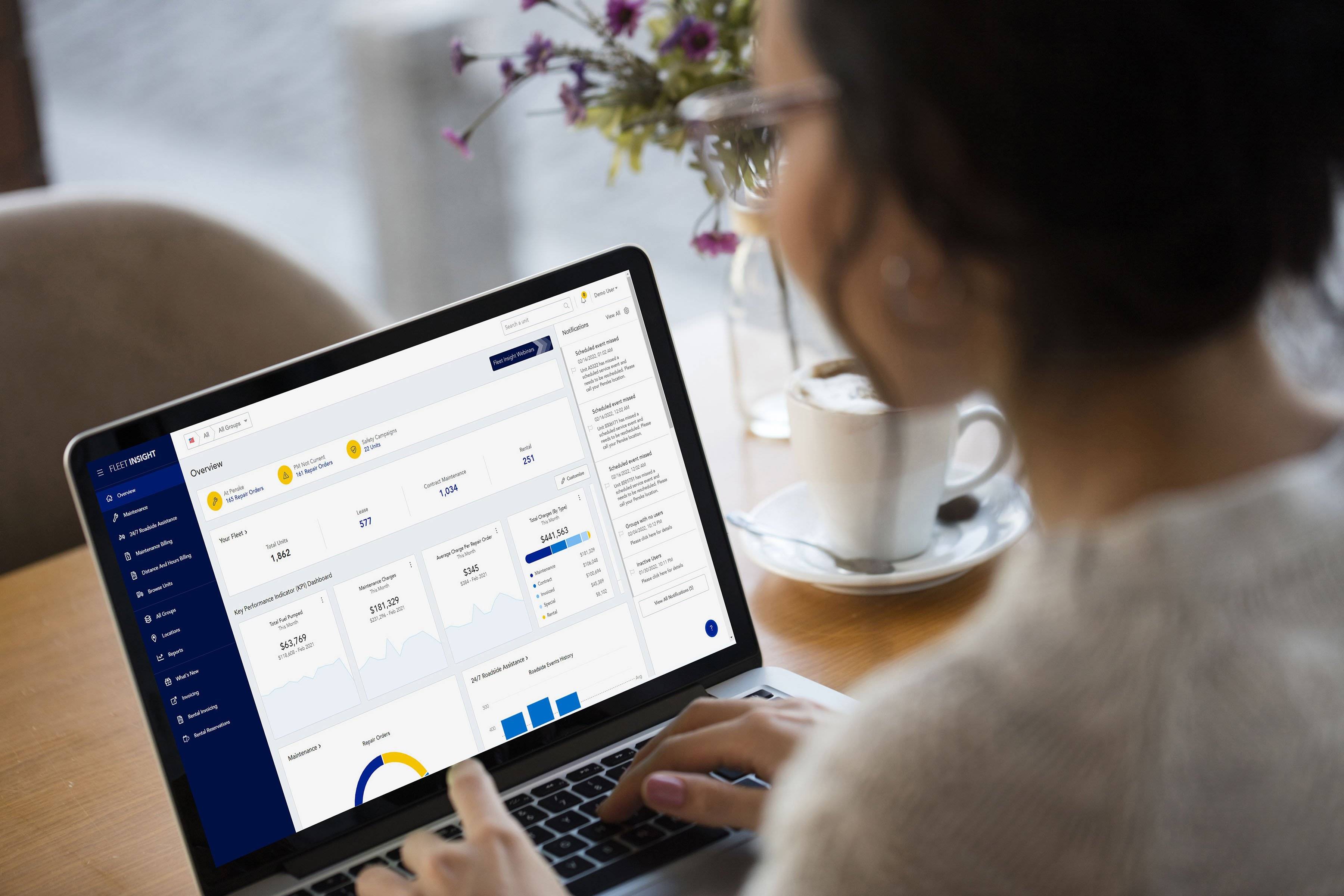 A. woman looks at data charts on a laptop.