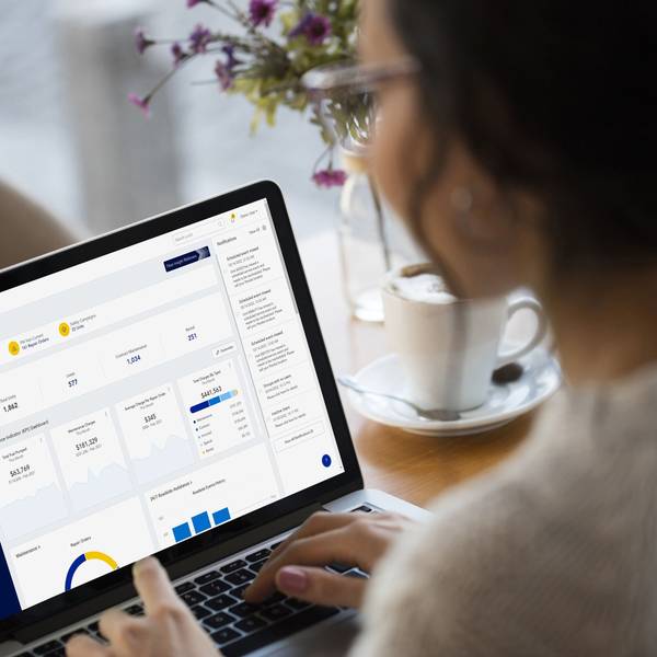 A. woman looks at data charts on a laptop.