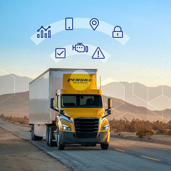 A yellow and white Penske semi-truck on the road with various icons floating above it.