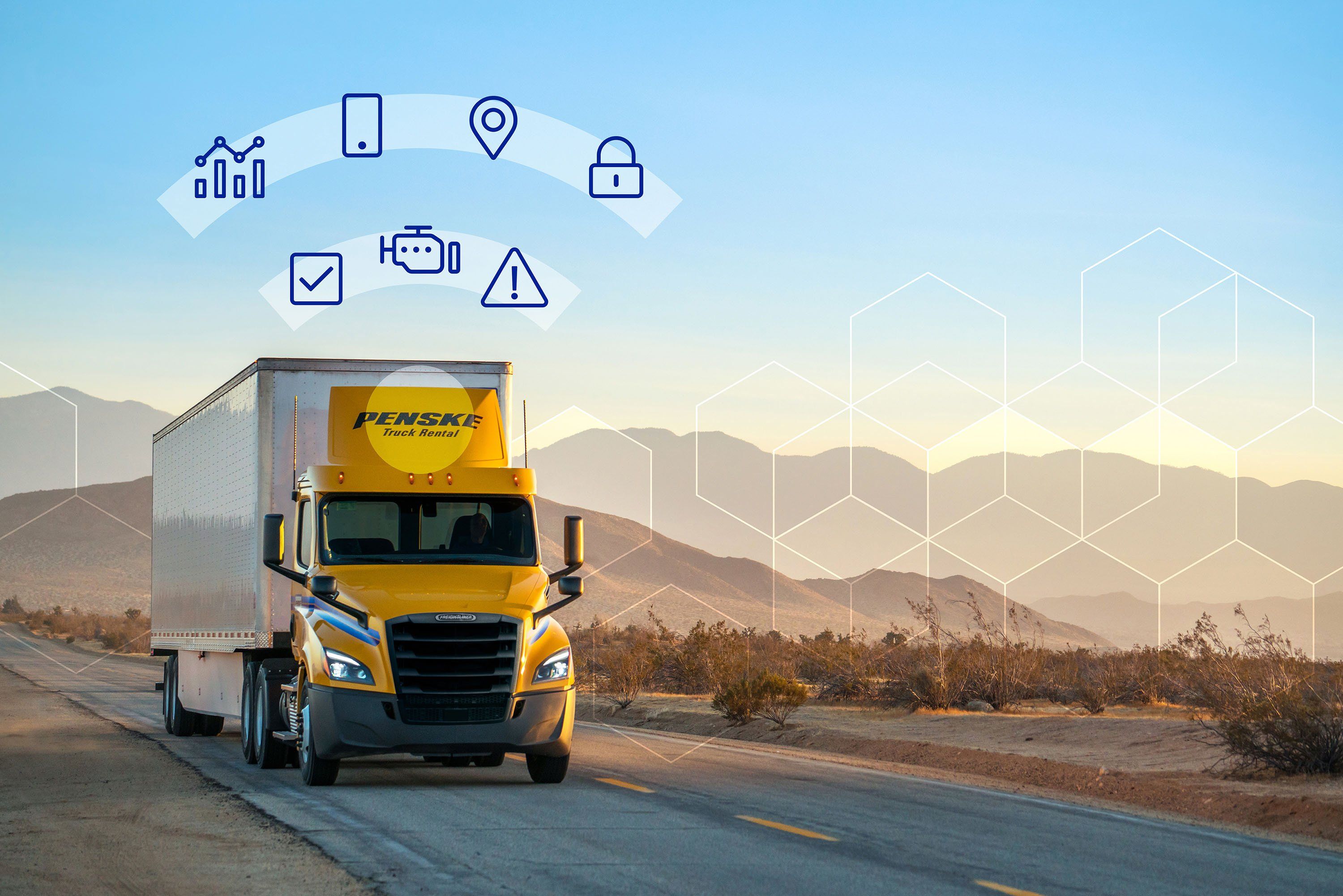 A yellow and white Penske semi-truck with digital icons floating above the cab.