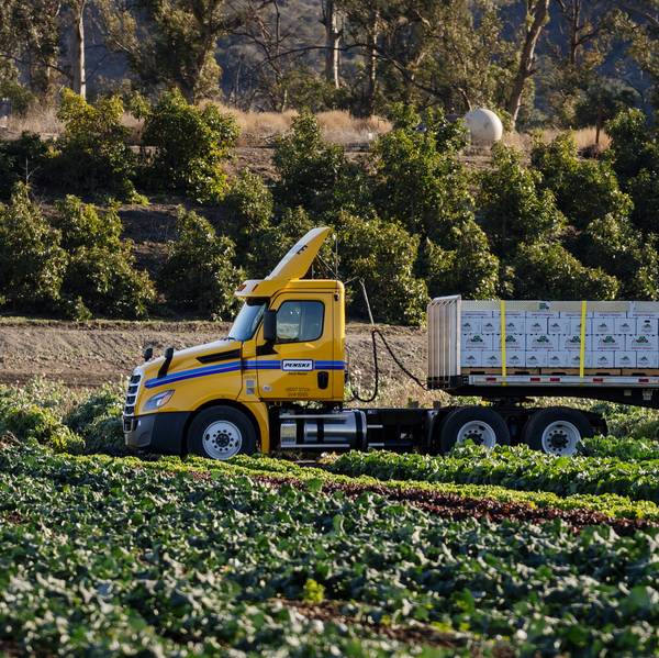 A yellow Penske semi truck in a field with cargo secured to the trailer.