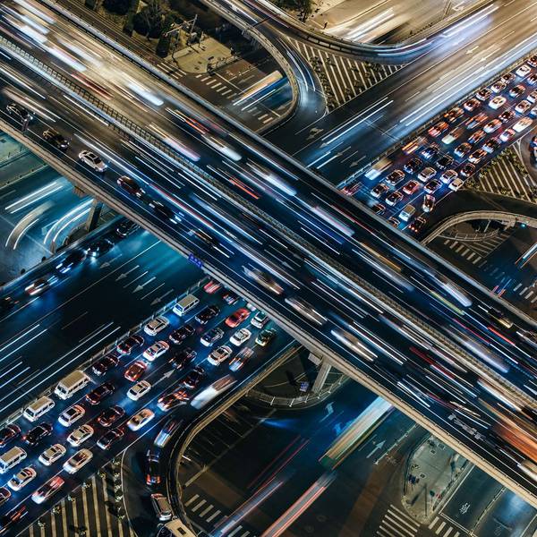 An aerial view of multiple, very busy freeways.