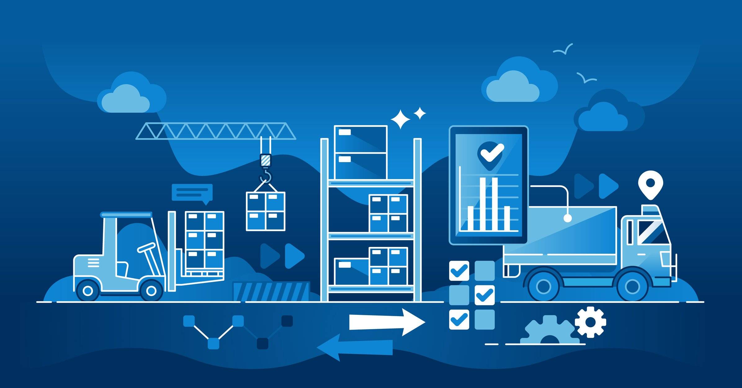 Blue infographic of packages going from warehouse to delivery