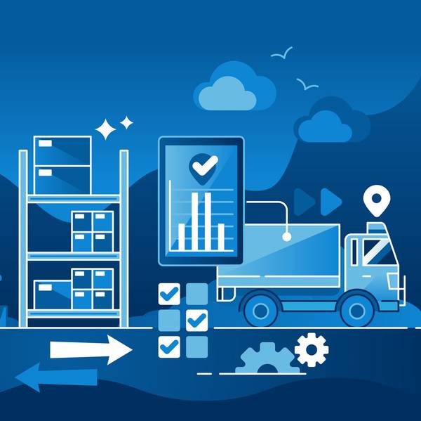 Blue infographic of packages going from warehouse to delivery