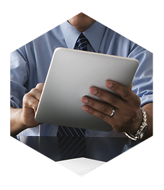 Business person holding and interacting with a tablet