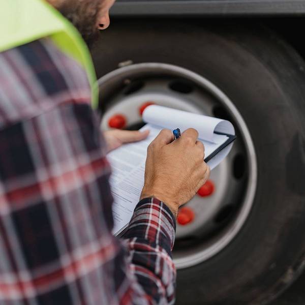 Close-up of a man holding a pen and paper checklist, making marks on the checklist.