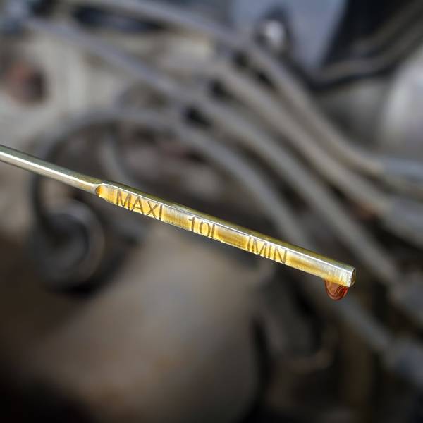 closeup of the end of an oil dipstick with oil dripping at the end.