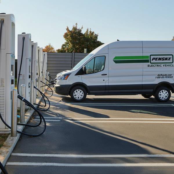 Electric van parked at charging station on a sunny day.