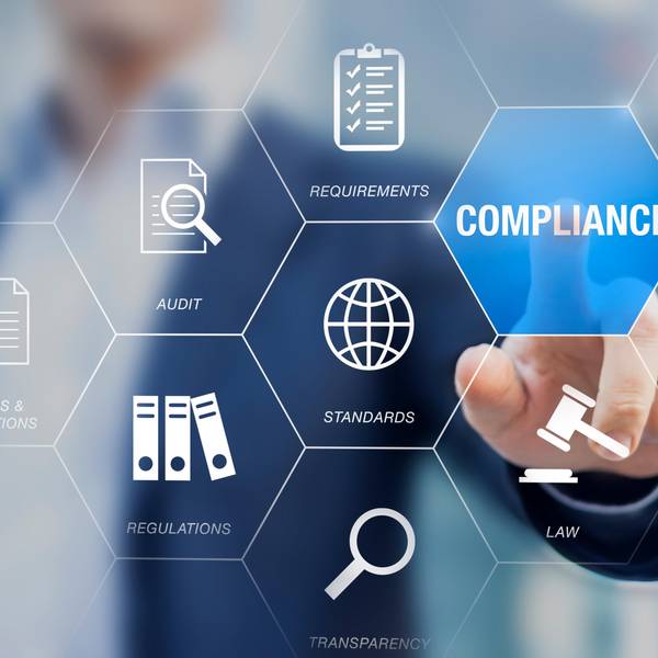 Hexagons with compliance icons: audit, law, standards, regulations, and transparency.