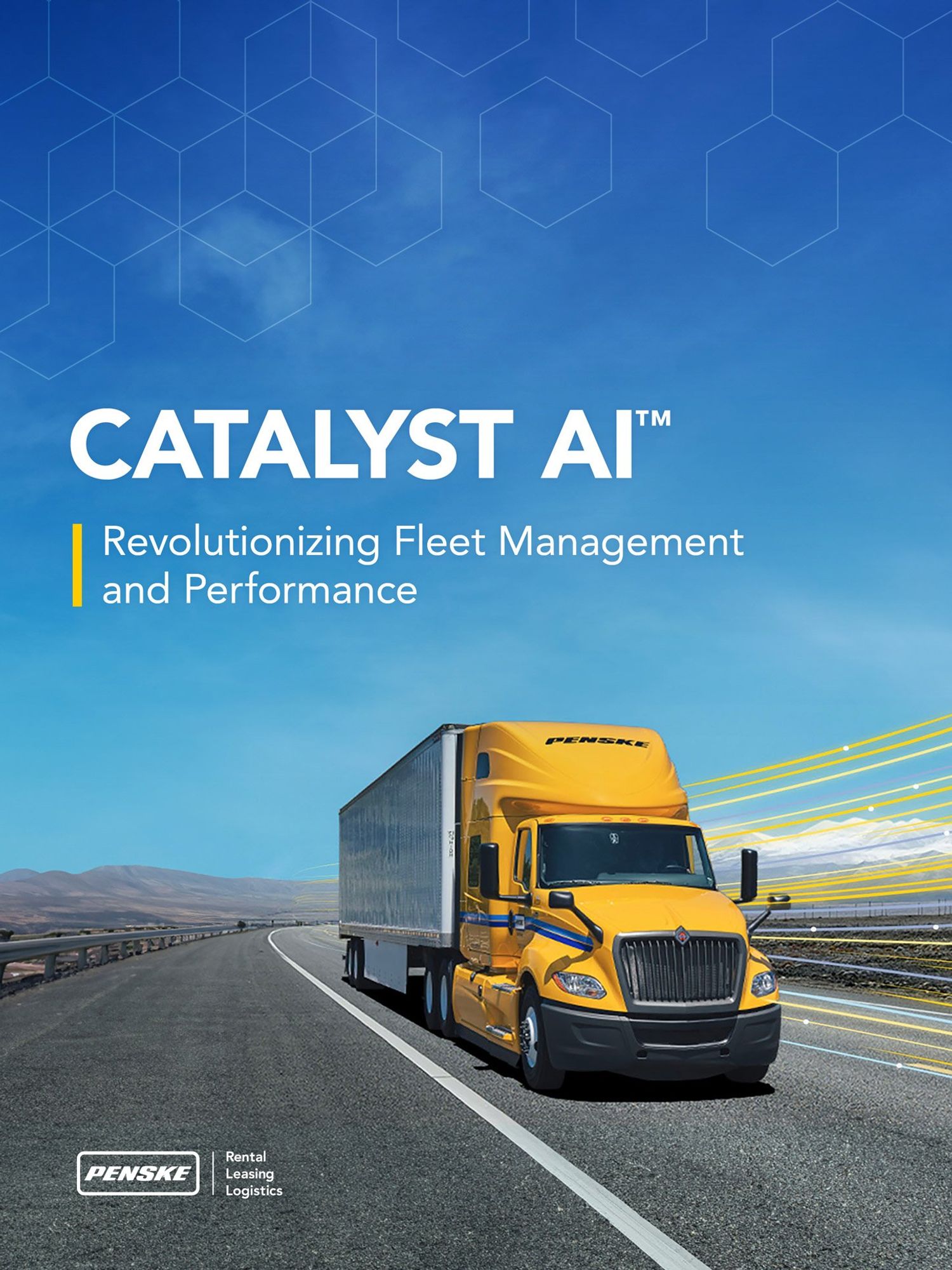 Penske tractor trailer driving down a highway in the desert.