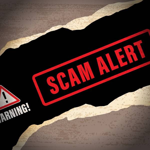 Red triangle with "Warning" underneath next to "Scam Alert" in red