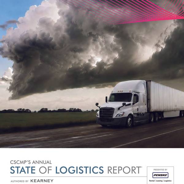 State of Logistics Report e-book cover with white semi-truck and dark cloudy sky.