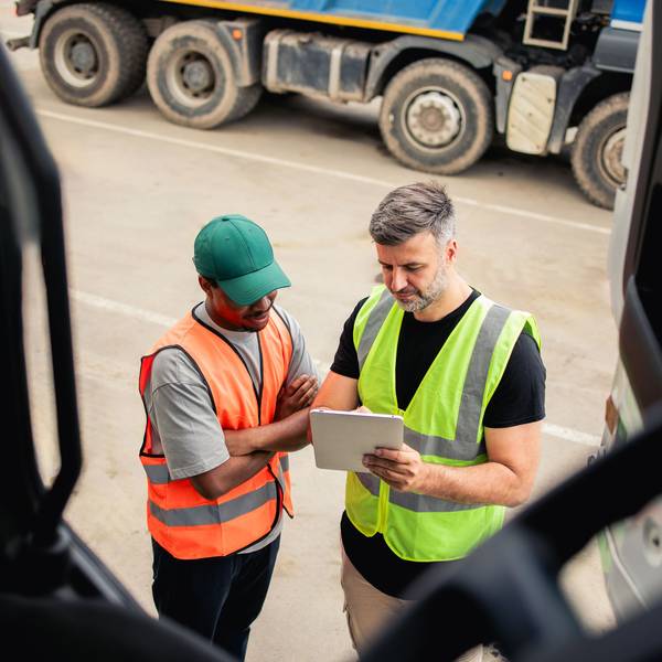 Two men stand outside a semi-truck cab looking at an ipad.