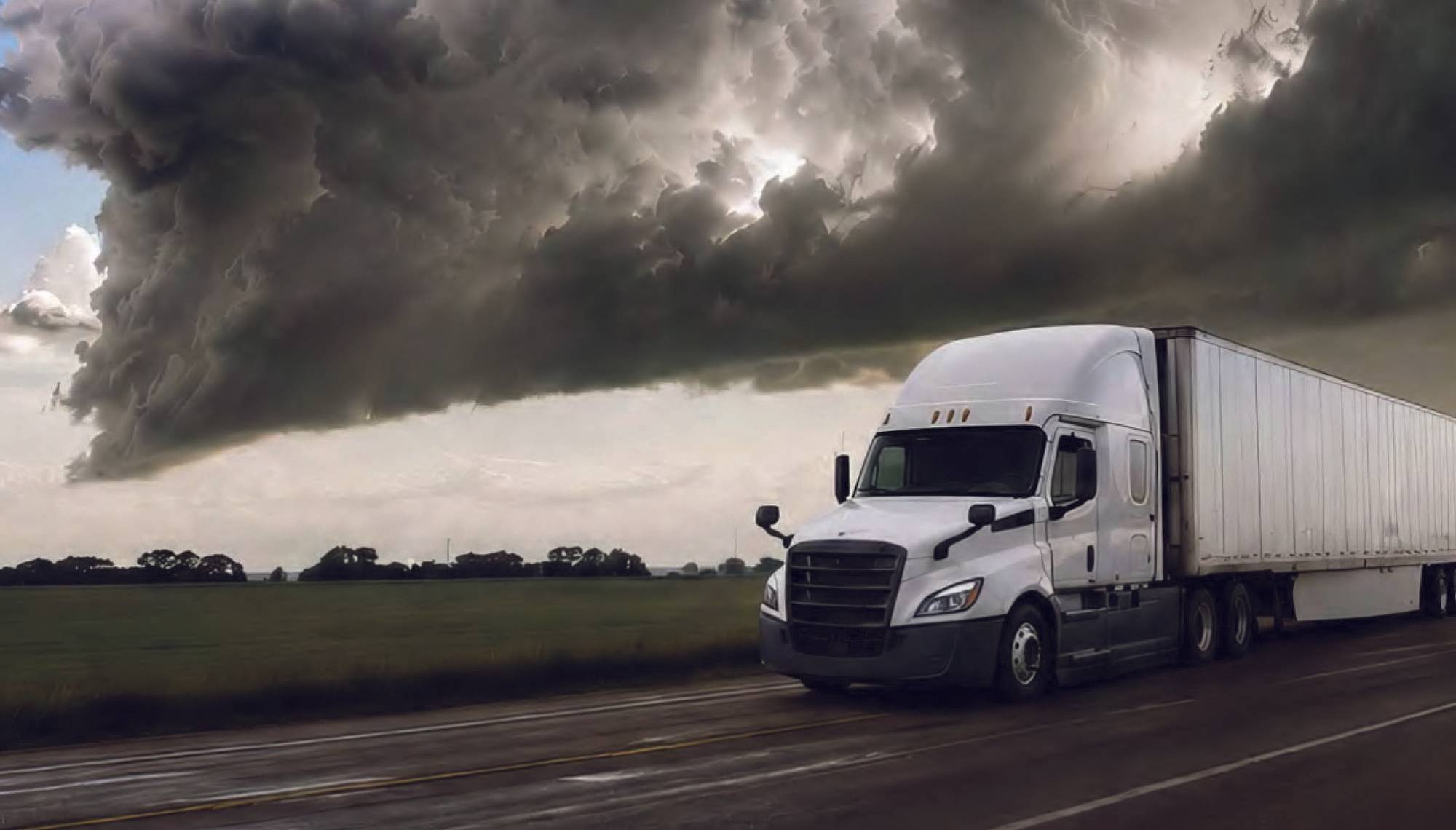 White semi-truck driving under a grey cloudy sky.