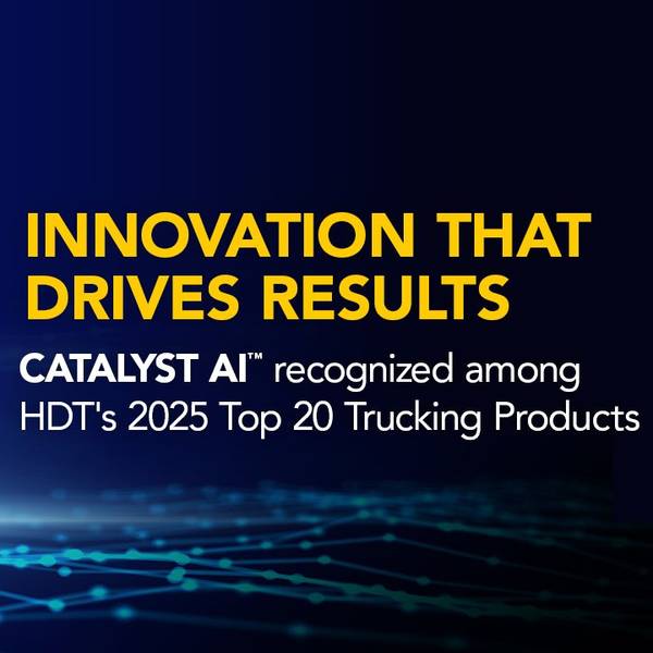 Yellow Penske truck with text announcing Catalyst AI as Heavy Duty Trucking 2025 Top Product